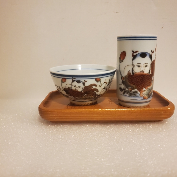 Japanese Antique Sake Tea Set With Traditional Serving Tray Cup Glass Porcelain